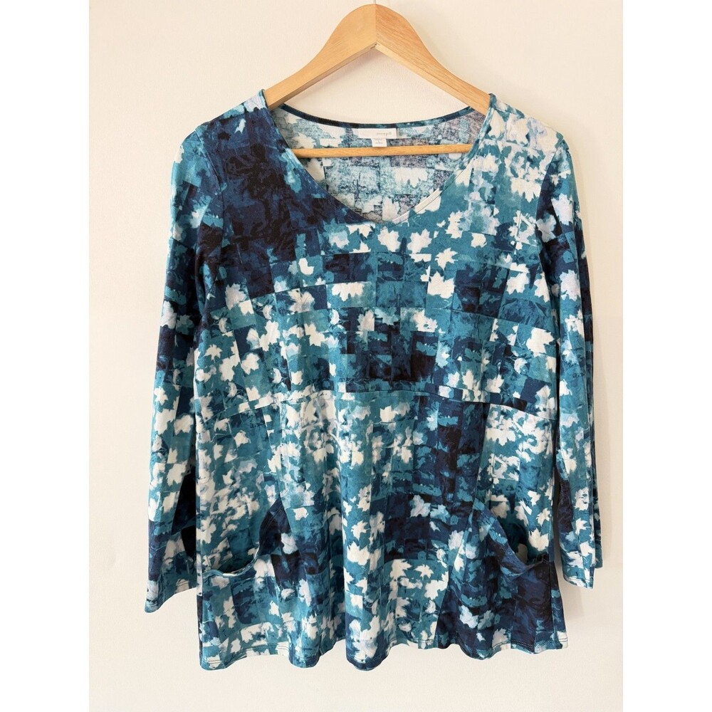 J.Jill Pure Jill Top Womens Large Petite Blue V-Neck Long Sleeve Tee Shirt